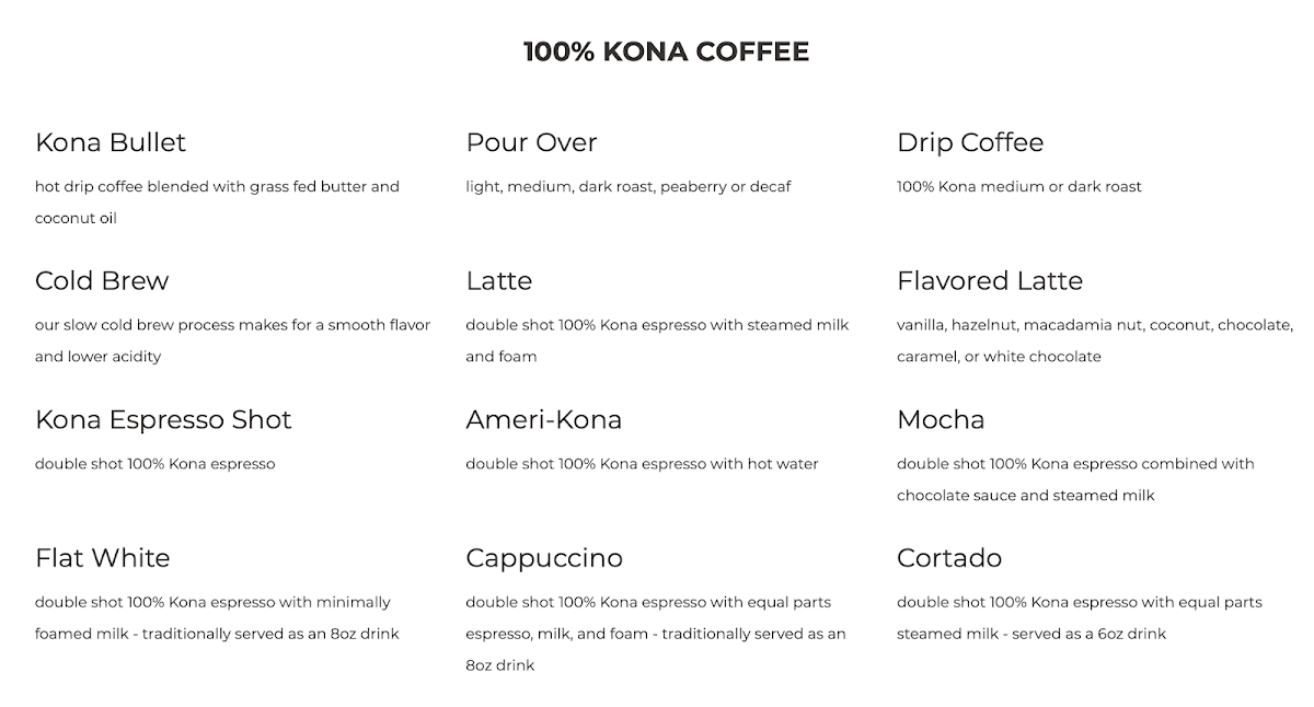Kona Coffee & Tea Menu - Image 1